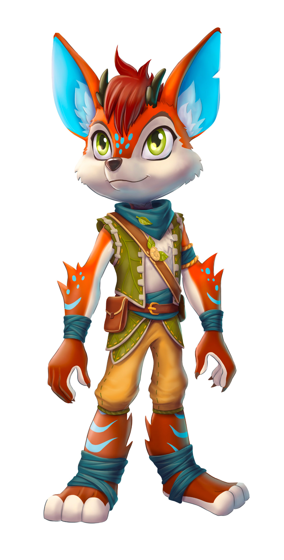 Talu, the fox character children play as in TheMOVE, standing in a leaf tunic with tall blue tipped ears.